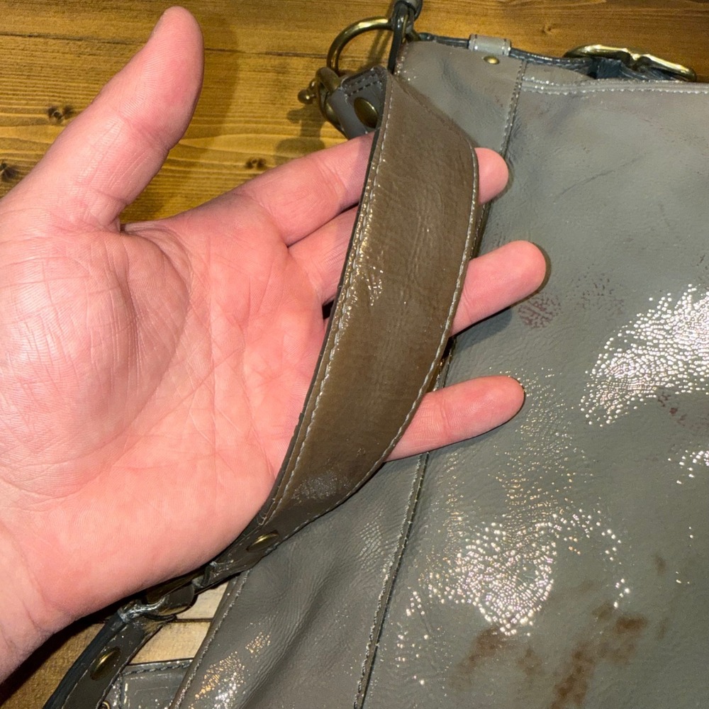 Coach Zoe 12735 Gray Patent Leather Shoulder Bag Brass Hardware Large Hobo Purse - Picture 9 of 12